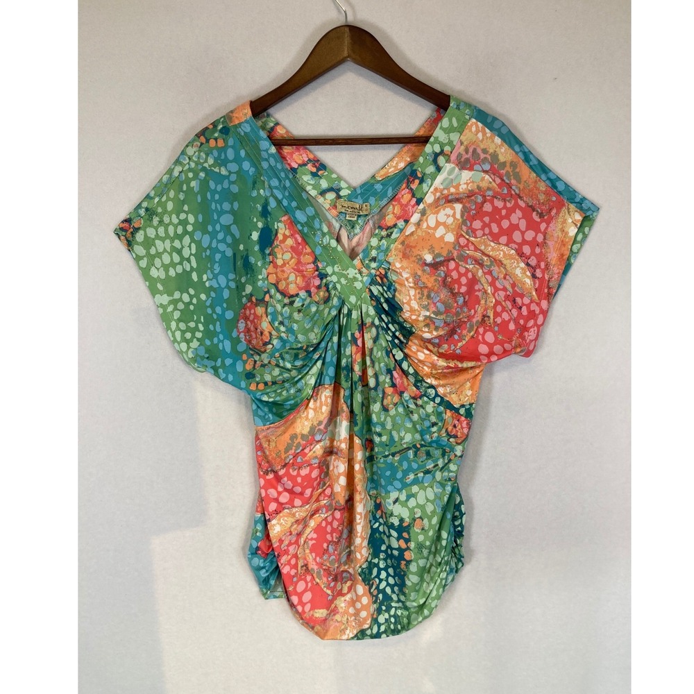 Boho Art to Wear One World Womens Small Multi Color Abstract Ruched Tunic Top